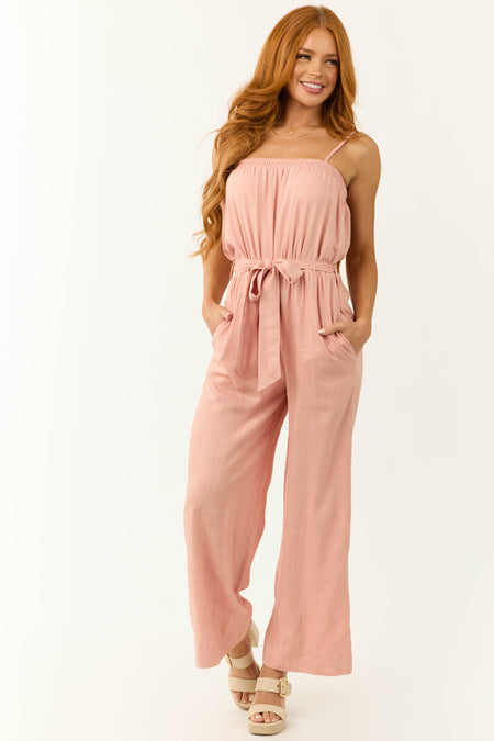 Blush Sleeveless Tie Waist Linen Jumpsuit