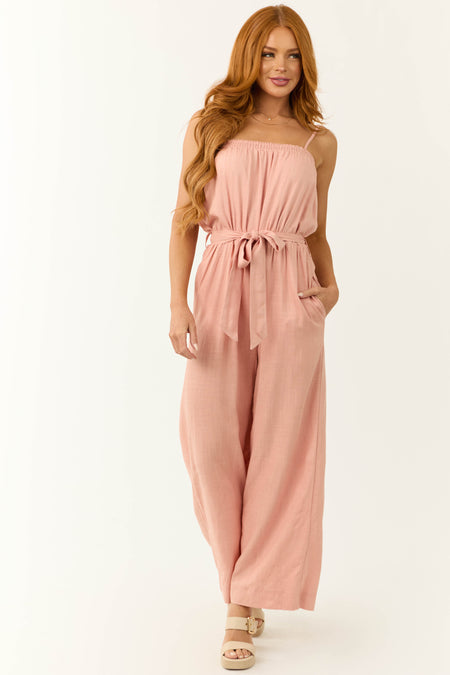 Blush Sleeveless Tie Waist Linen Jumpsuit