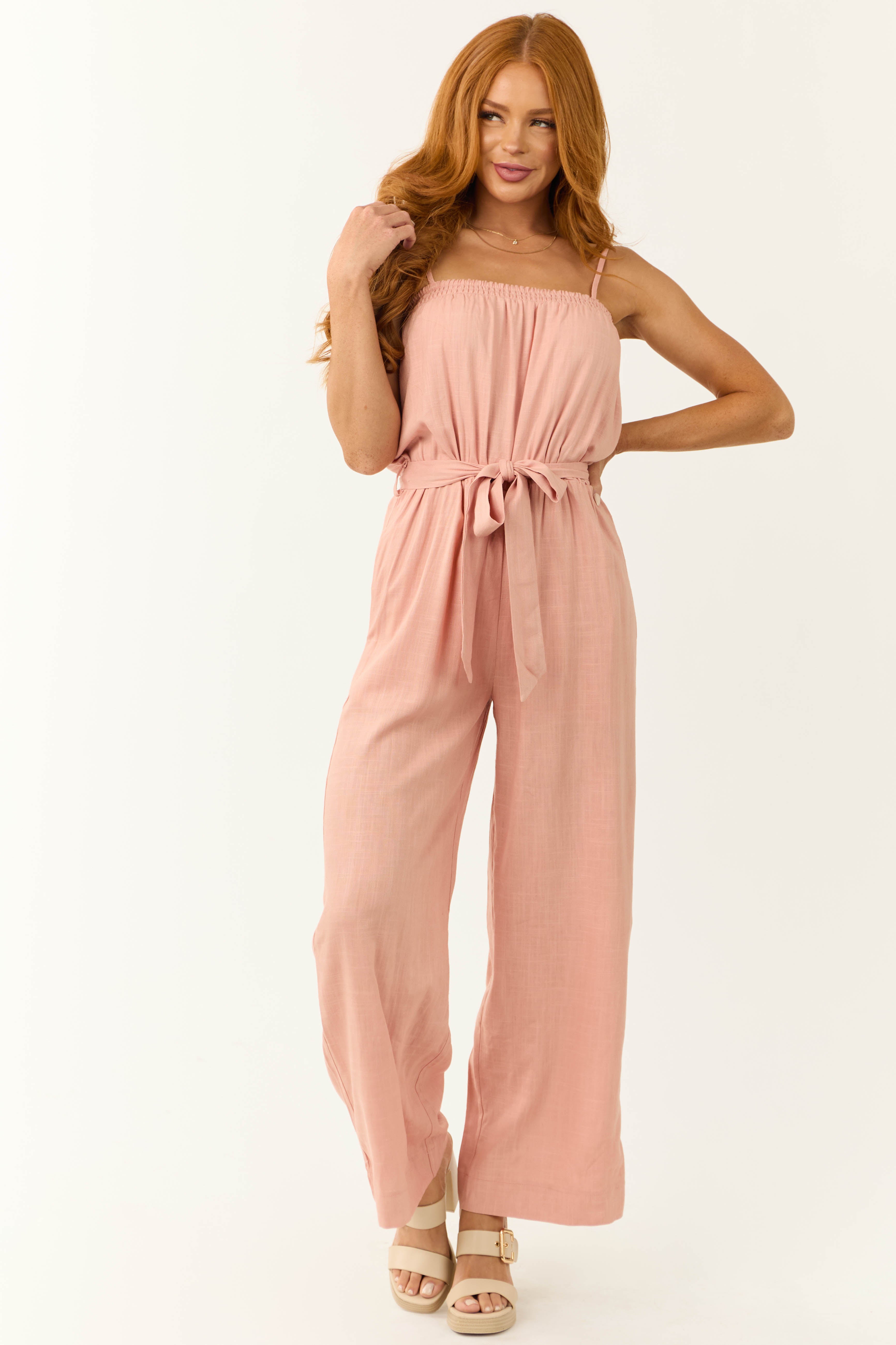 Blush Sleeveless Tie Waist Linen Jumpsuit