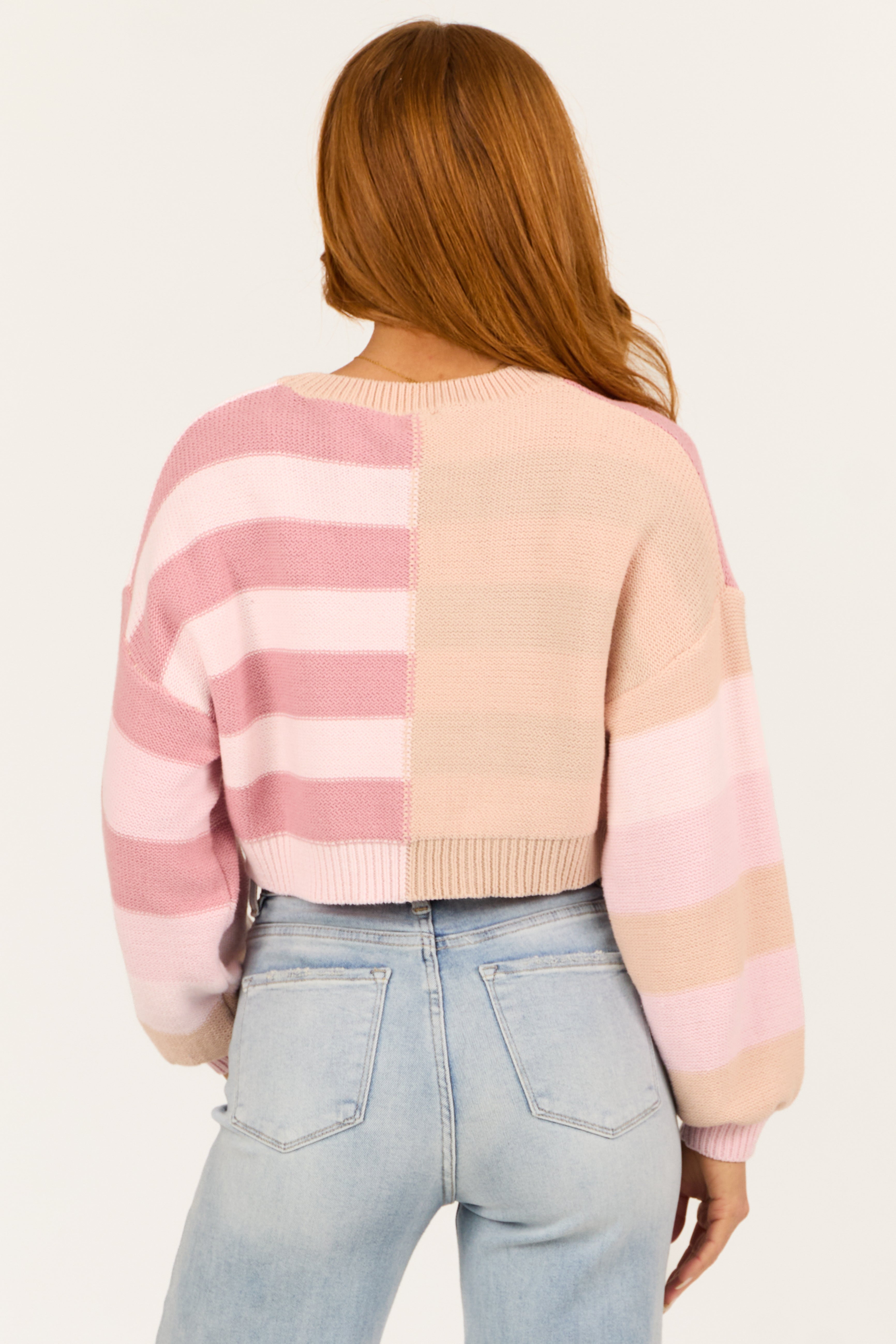 Blush Striped Long Sleeve Cropped Sweater