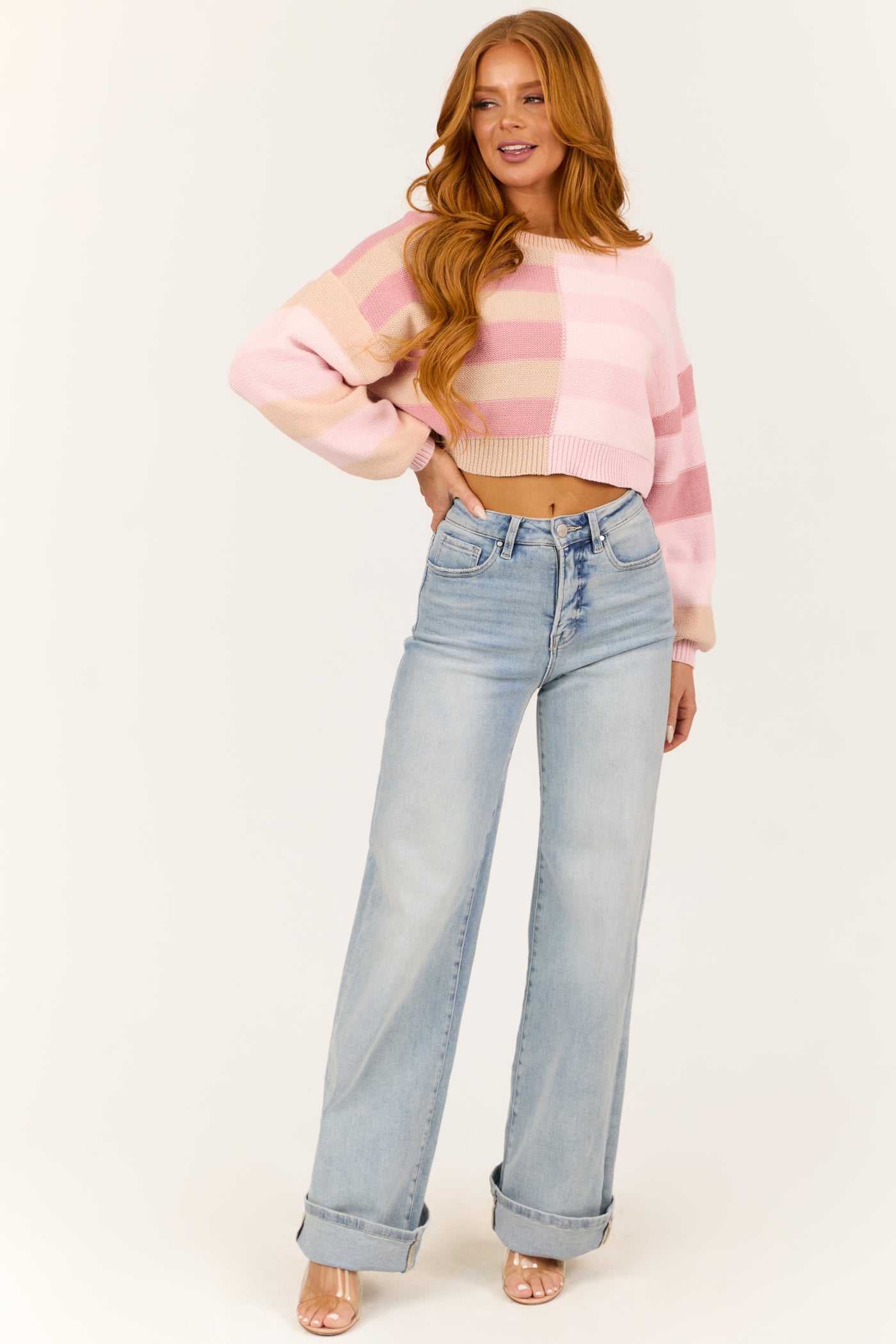 Blush Striped Long Sleeve Cropped Sweater