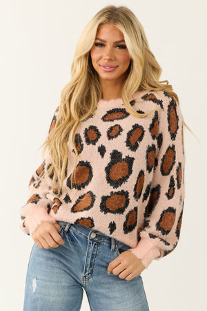 Blush and Cognac Leopard Print Fuzzy Sweater