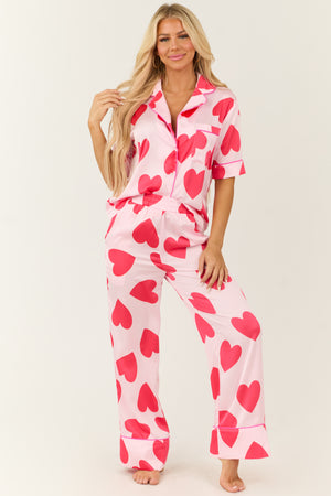 Blush and Crimson Heart Pattern Pajama Set