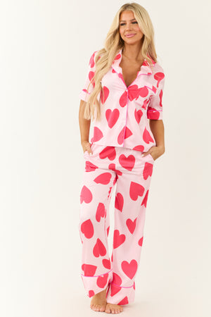 Blush and Crimson Heart Pattern Pajama Set