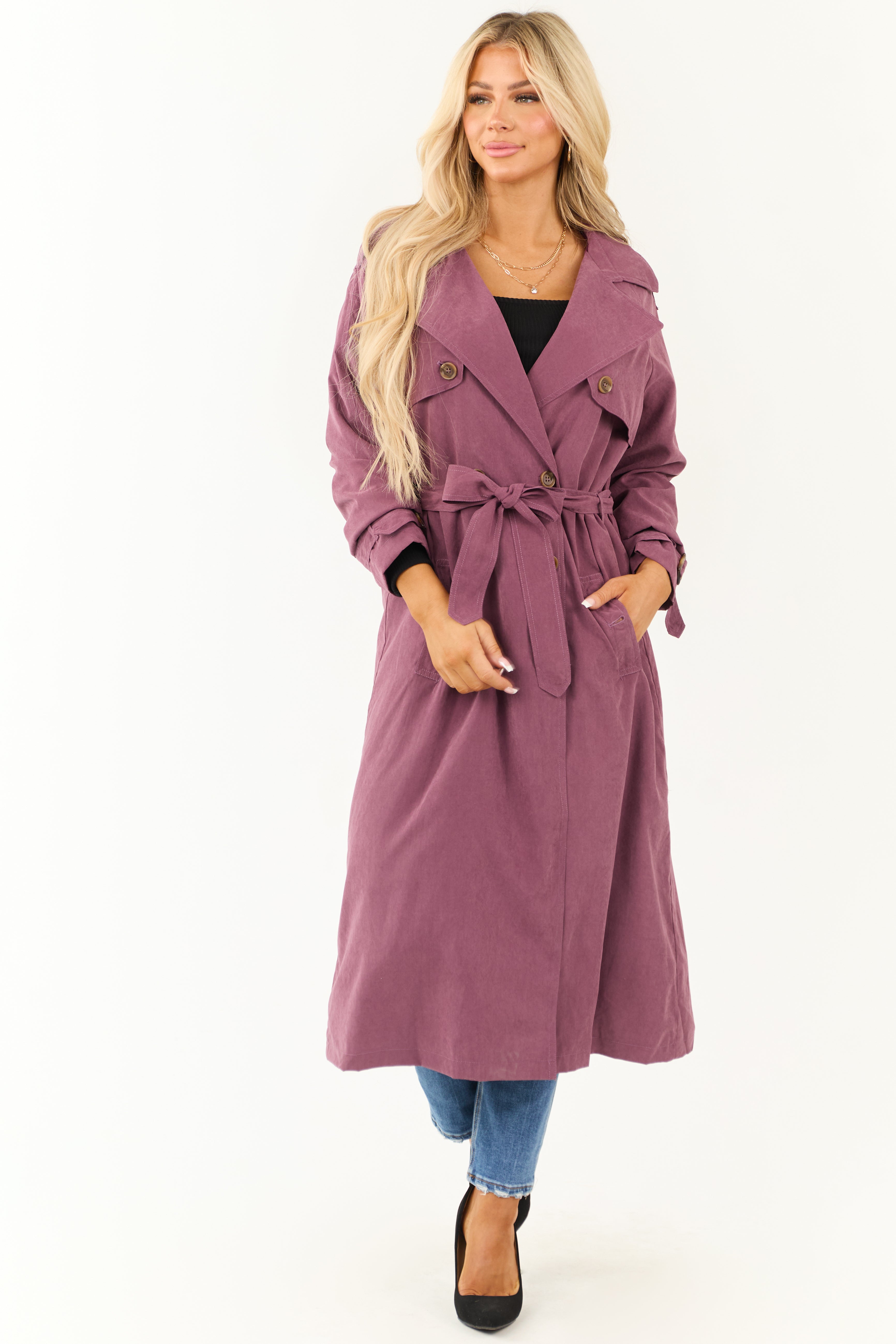 Boysenberry Double Button Long Trench Coat