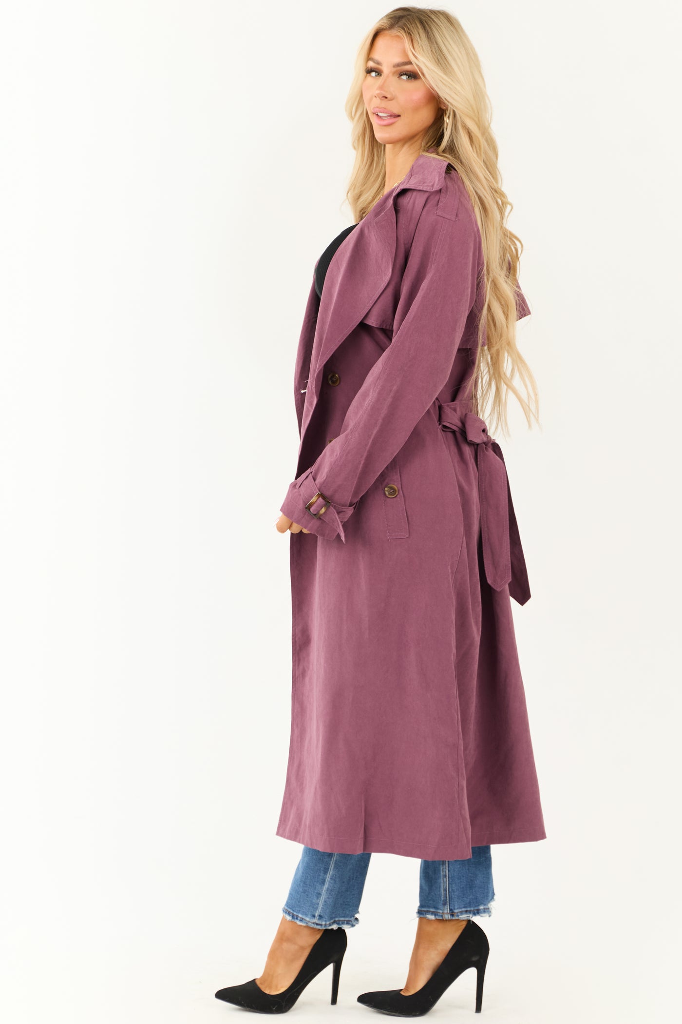 Boysenberry Double Button Long Trench Coat