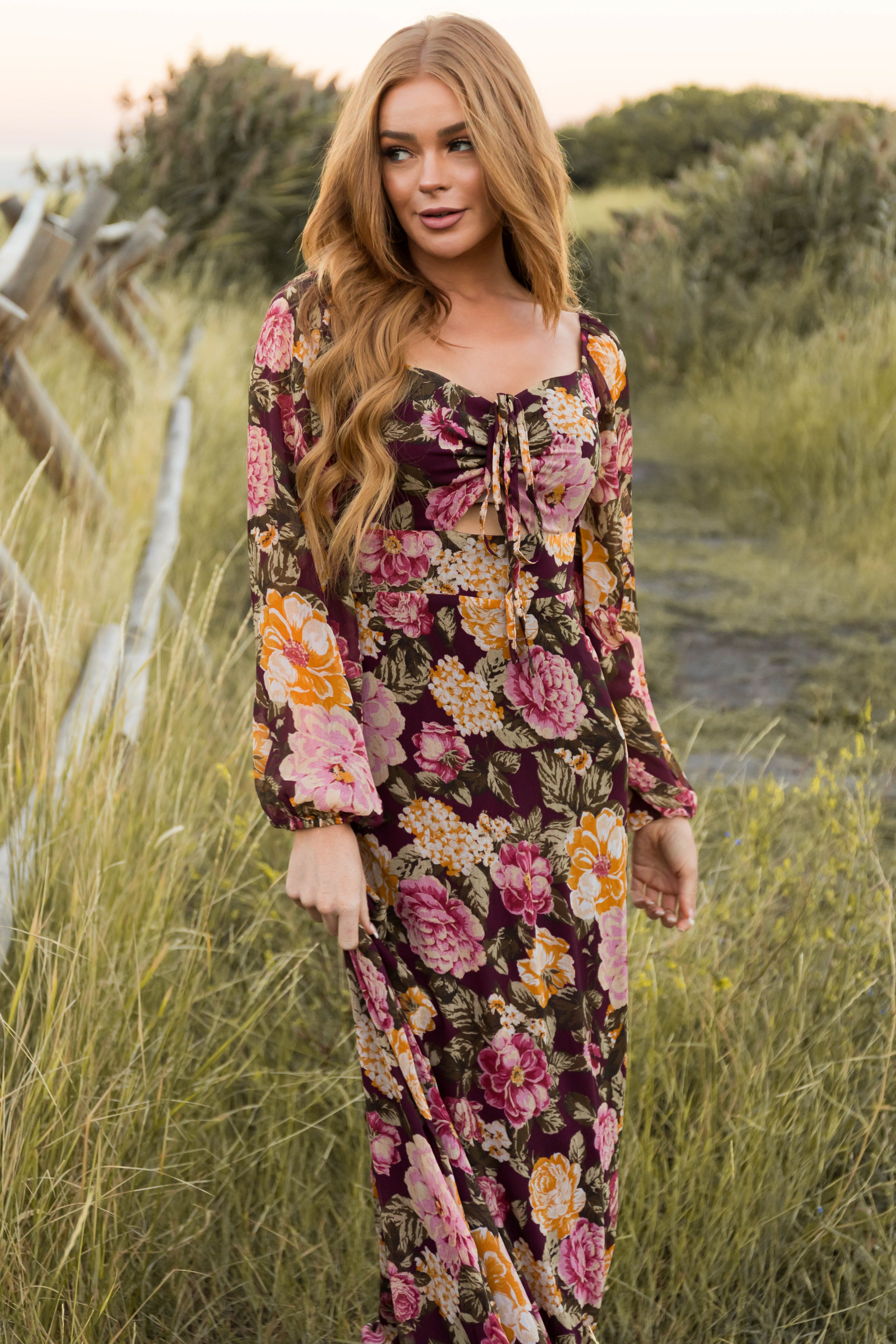 Boysenberry Floral Print Long Sleeve Maxi Dress