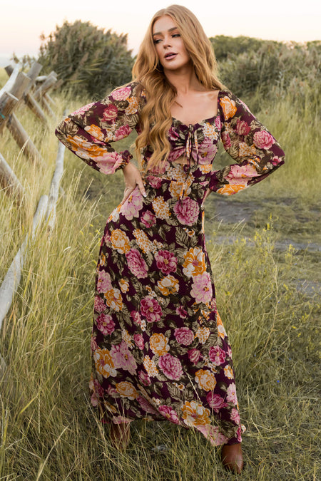 Boysenberry Floral Print Long Sleeve Maxi Dress