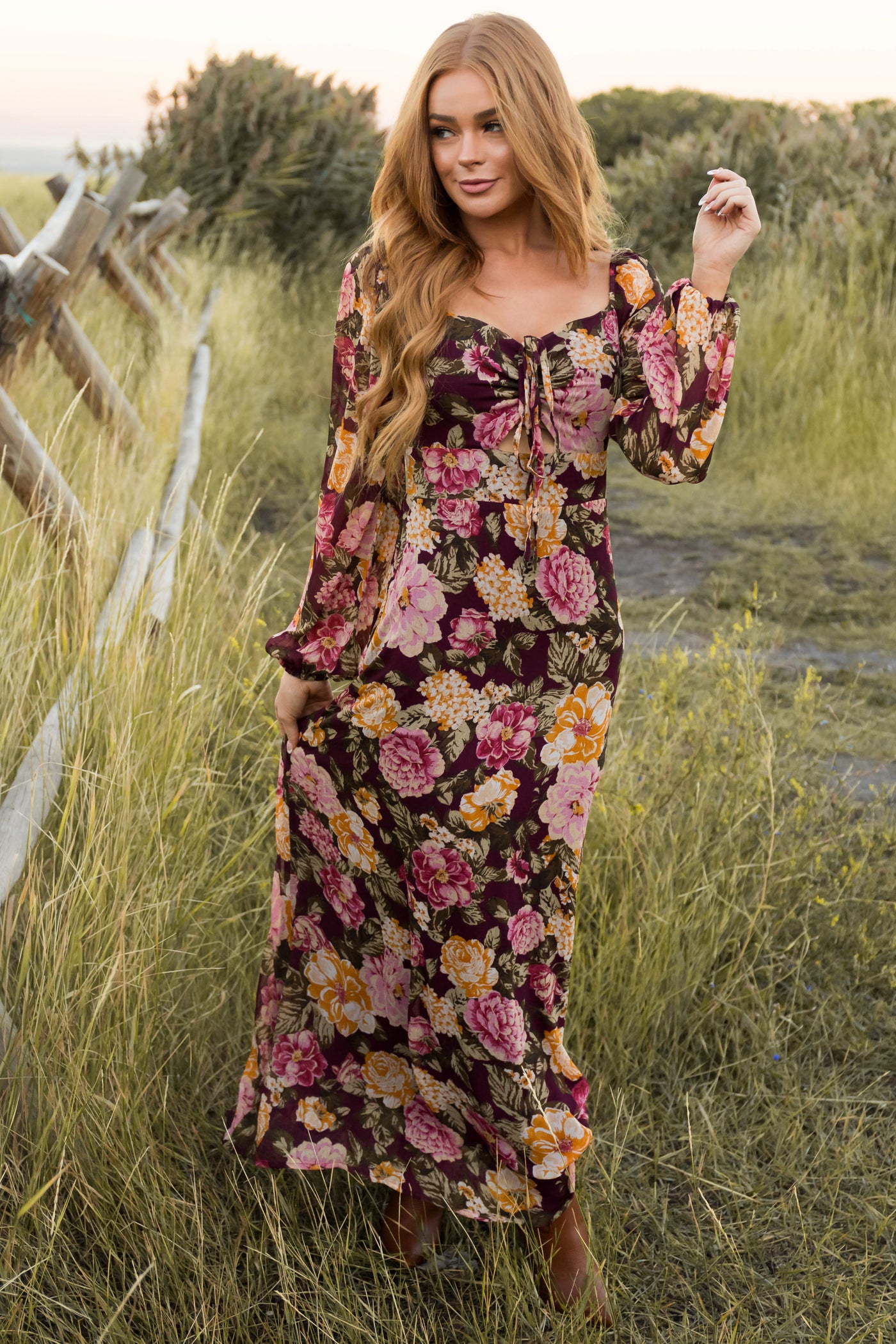 Boysenberry Floral Print Long Sleeve Maxi Dress