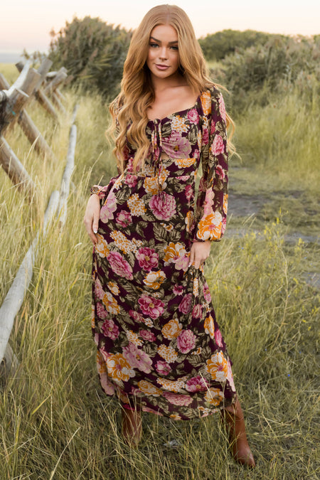 Boysenberry Floral Print Long Sleeve Maxi Dress