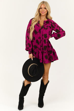 Boysenberry Pleated Long Sleeve Tunic Short Dress