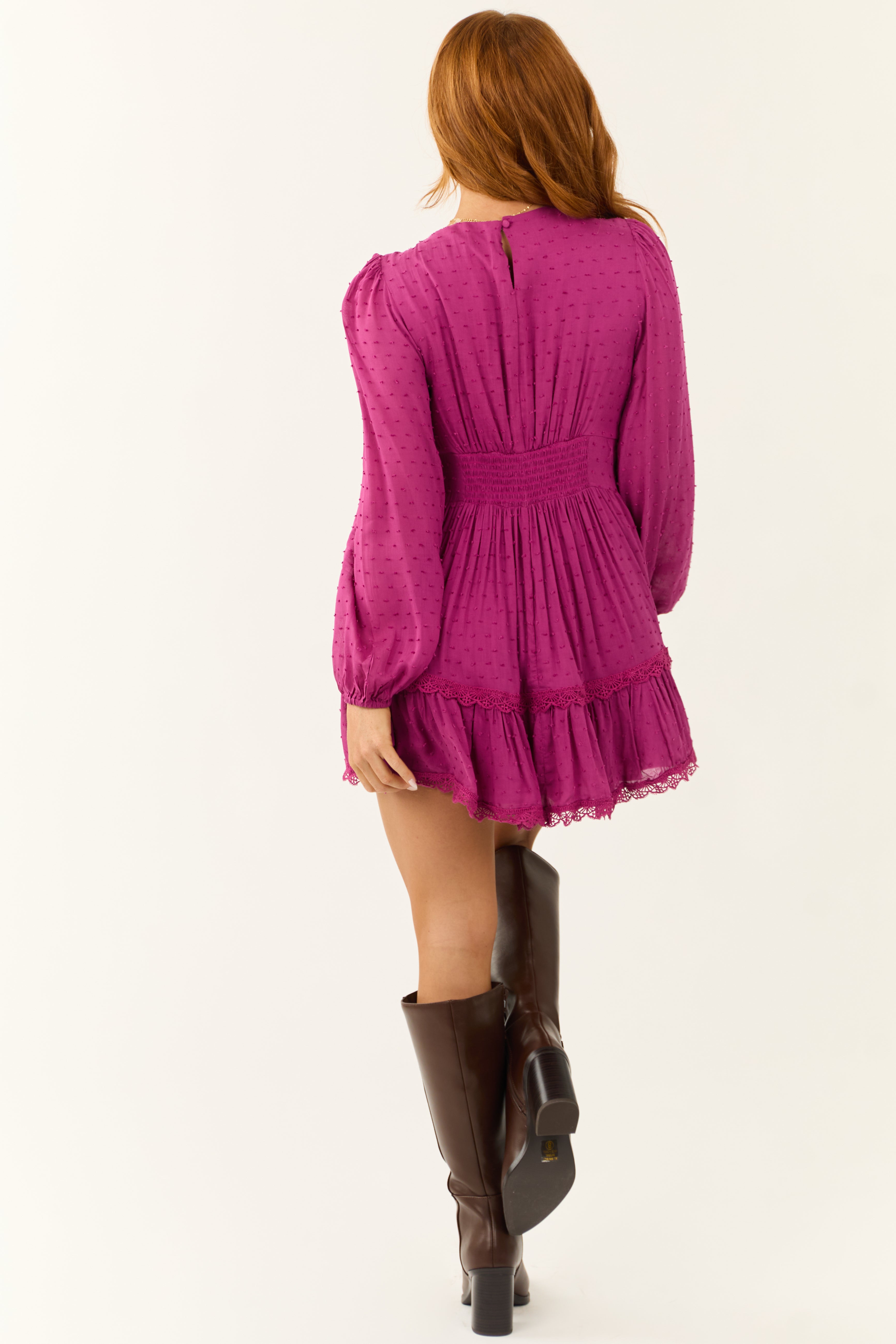 Boysenberry Swiss Dot Lace Trim Mini Dress