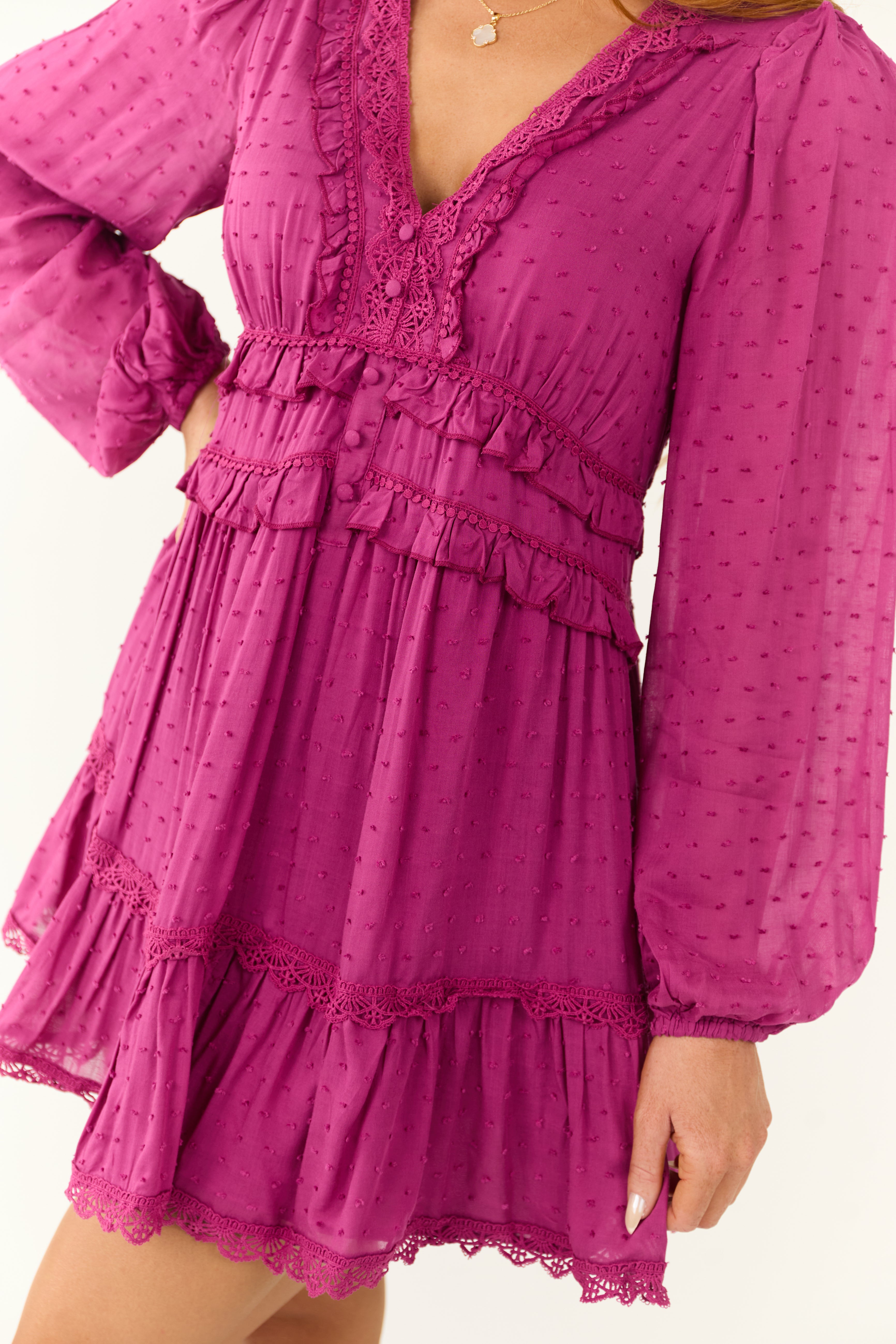 Boysenberry Swiss Dot Lace Trim Mini Dress