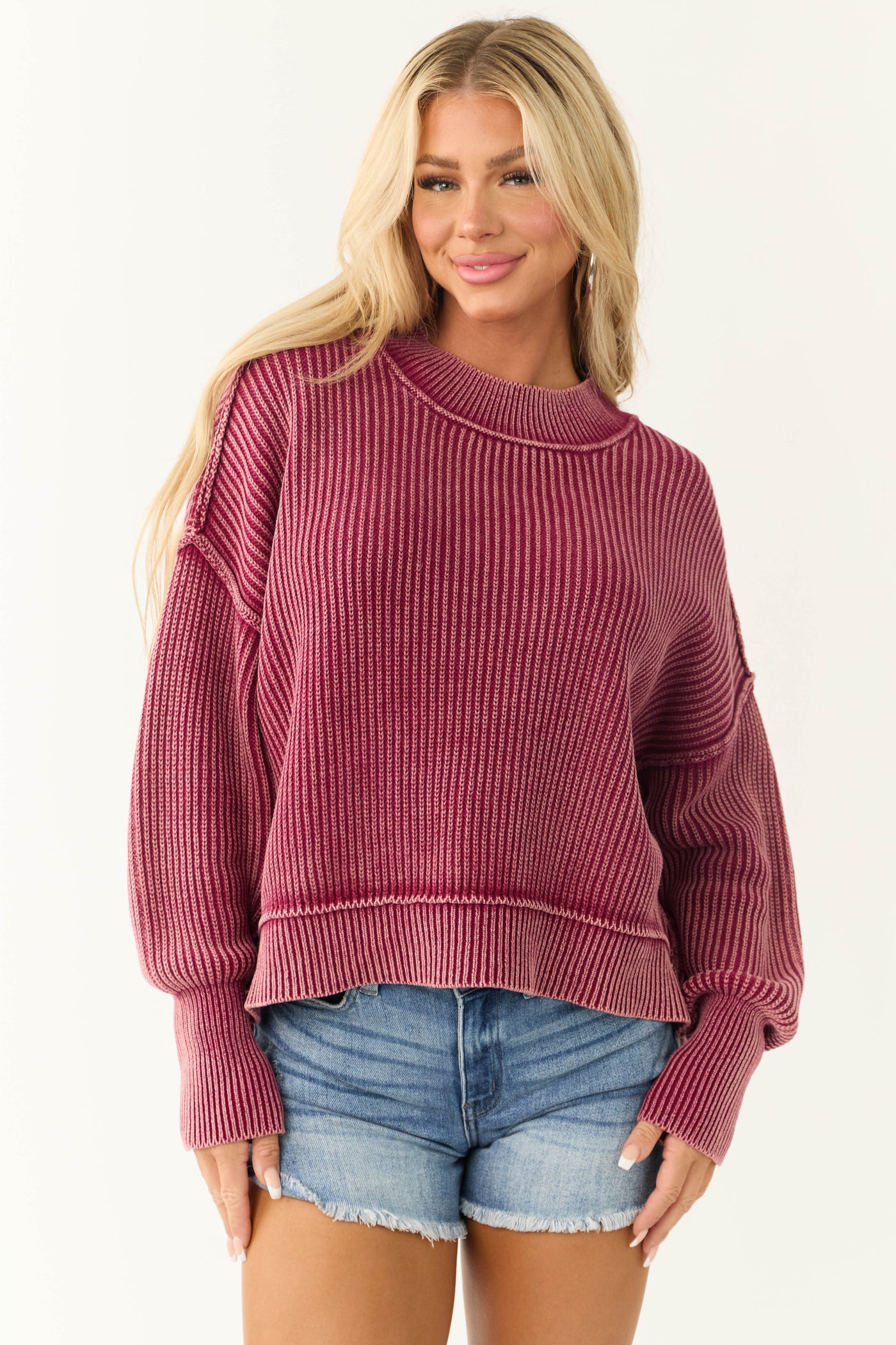 Boysenberry Washed Long Sleeve Knit Sweater