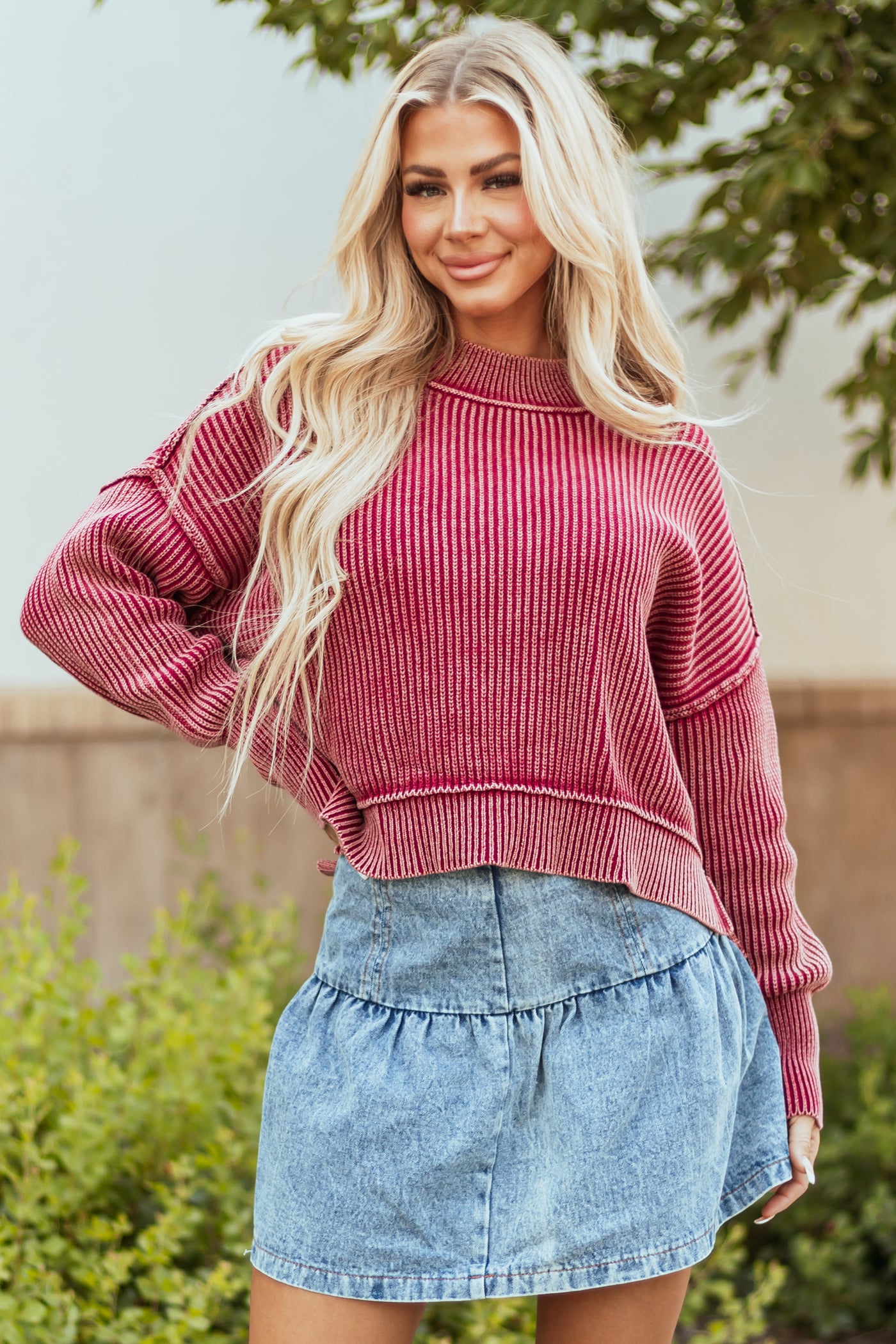 Boysenberry Washed Long Sleeve Knit Sweater