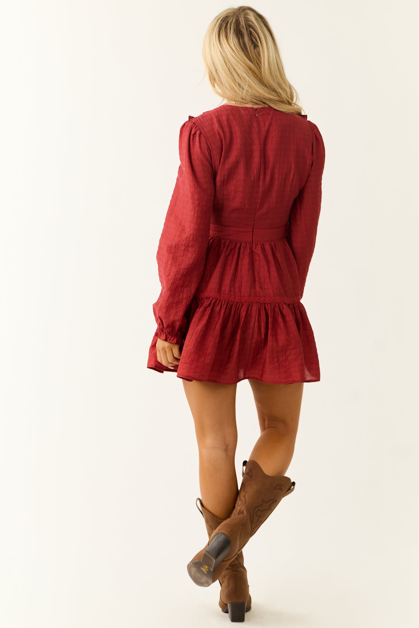 Brick Long Sleeve Ruffle Short Dress