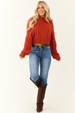 Brick Mock Neck Cable Knit Sweater