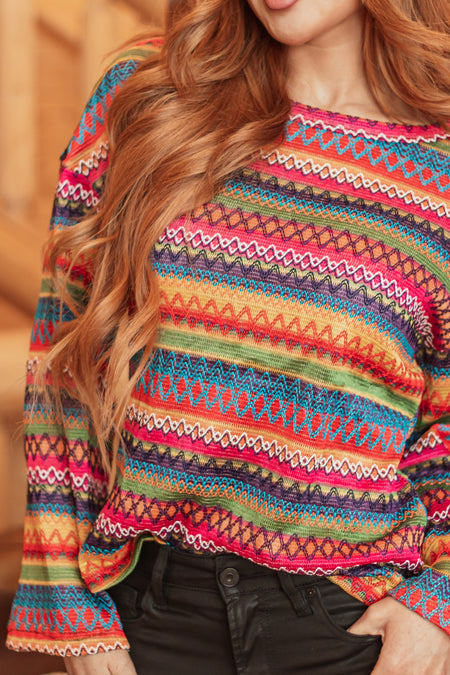 Brick Multicolor Striped Print Knit Top