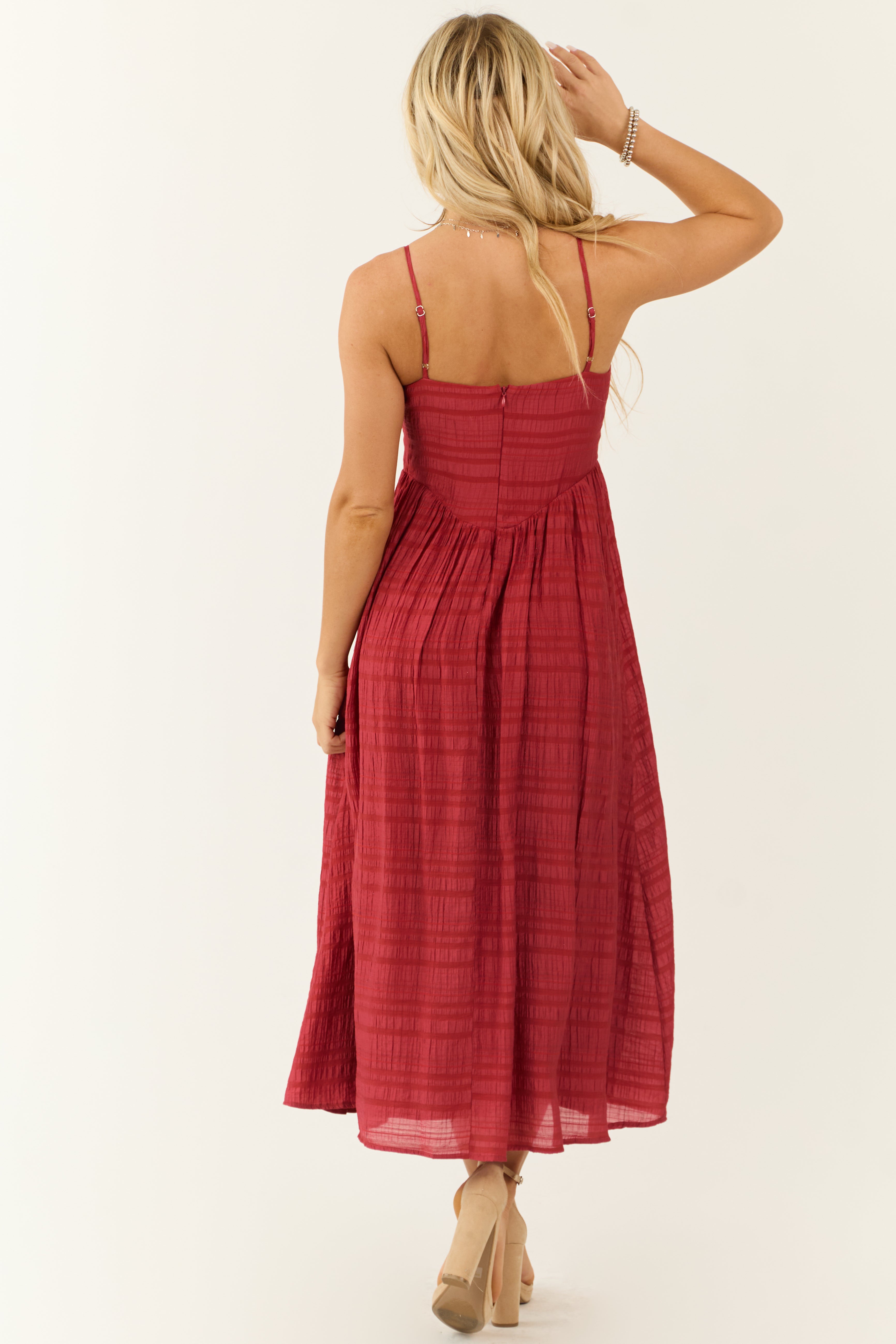 Brick Sleeveless Textured Woven Midi Dress