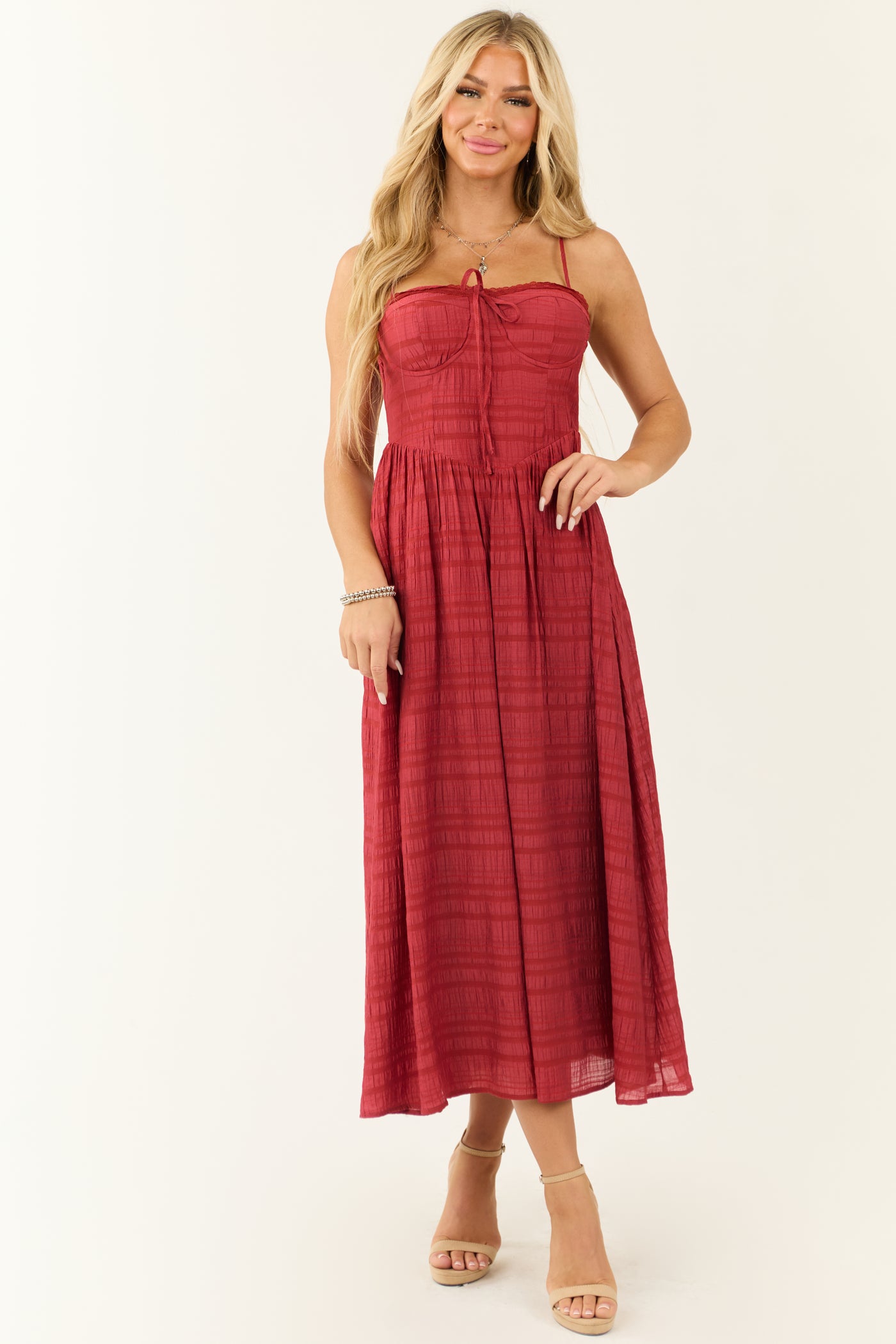 Brick Sleeveless Textured Woven Midi Dress