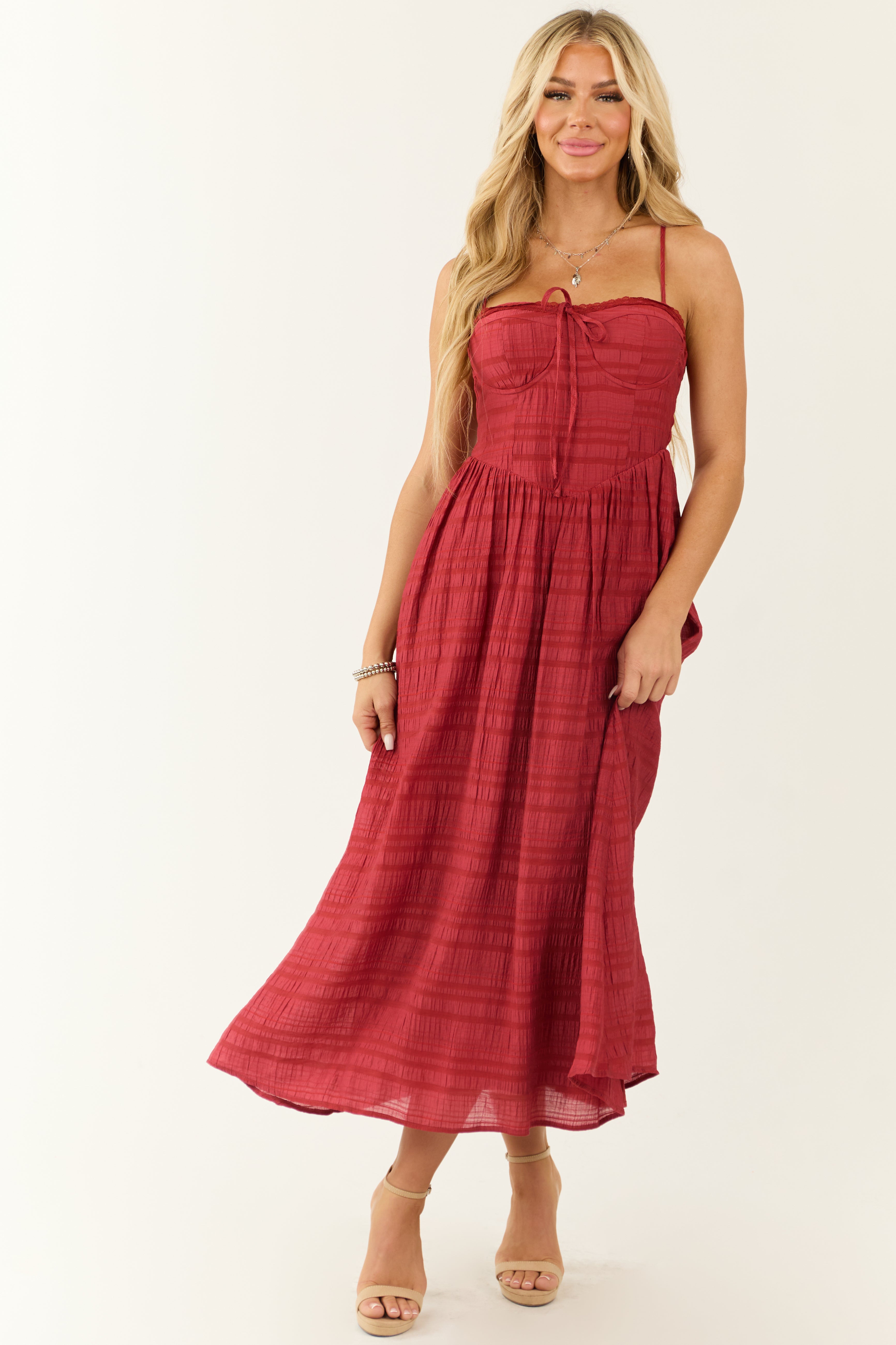 Brick Sleeveless Textured Woven Midi Dress