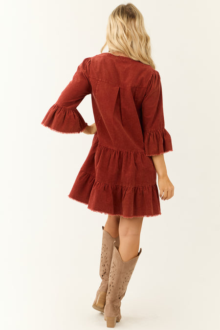 Brick Washed Corduroy Tiered Button Down Short Dress