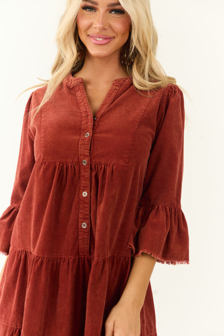 Brick Washed Corduroy Tiered Button Down Short Dress