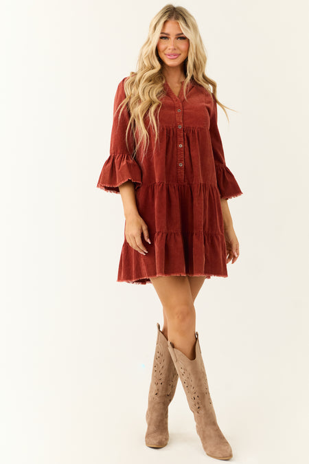 Brick Washed Corduroy Tiered Button Down Short Dress