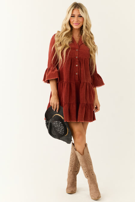 Brick Washed Corduroy Tiered Button Down Short Dress