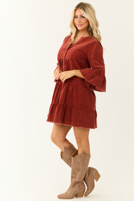 Brick Washed Corduroy Tiered Button Down Short Dress