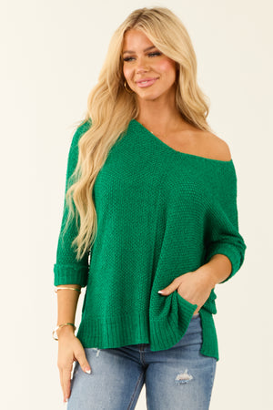 Bright Jade Boatneck 3/4 Sleeve Knit Sweater