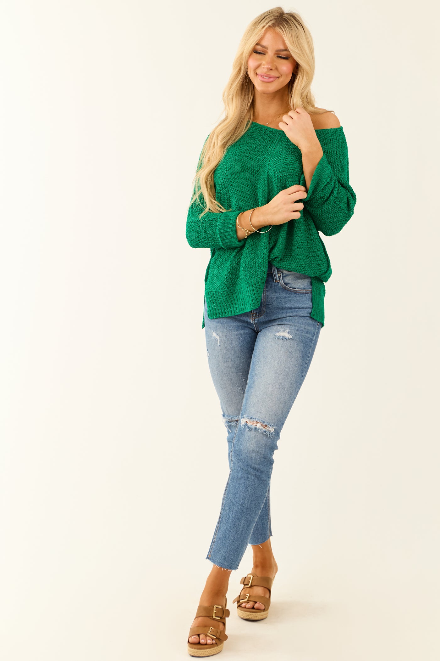 Bright Jade Boatneck 3/4 Sleeve Knit Sweater