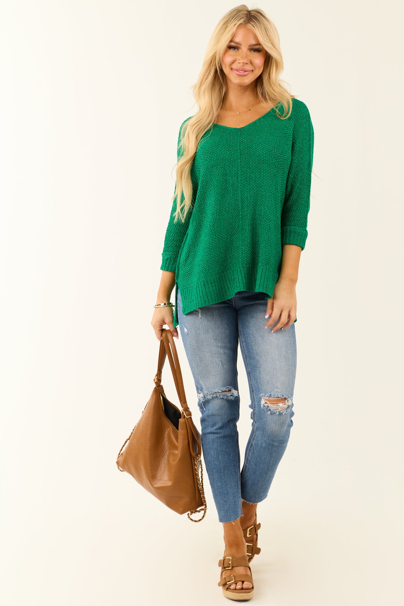 Bright Jade Boatneck 3/4 Sleeve Knit Sweater