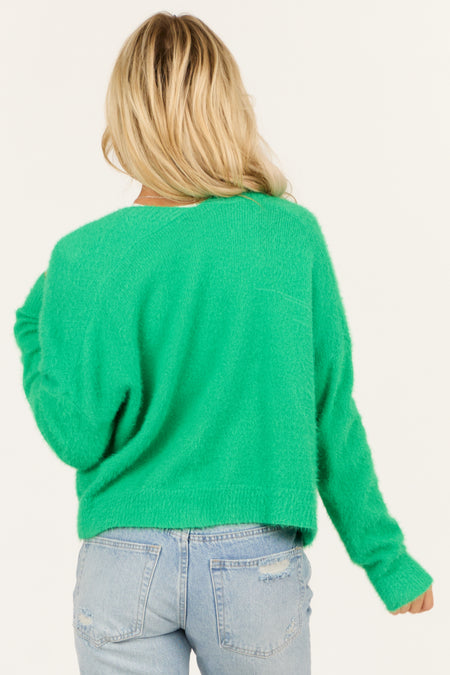 Bright Kelly Green Open Front Fuzzy Knit Cardigan