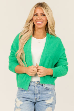 Bright Kelly Green Open Front Fuzzy Knit Cardigan