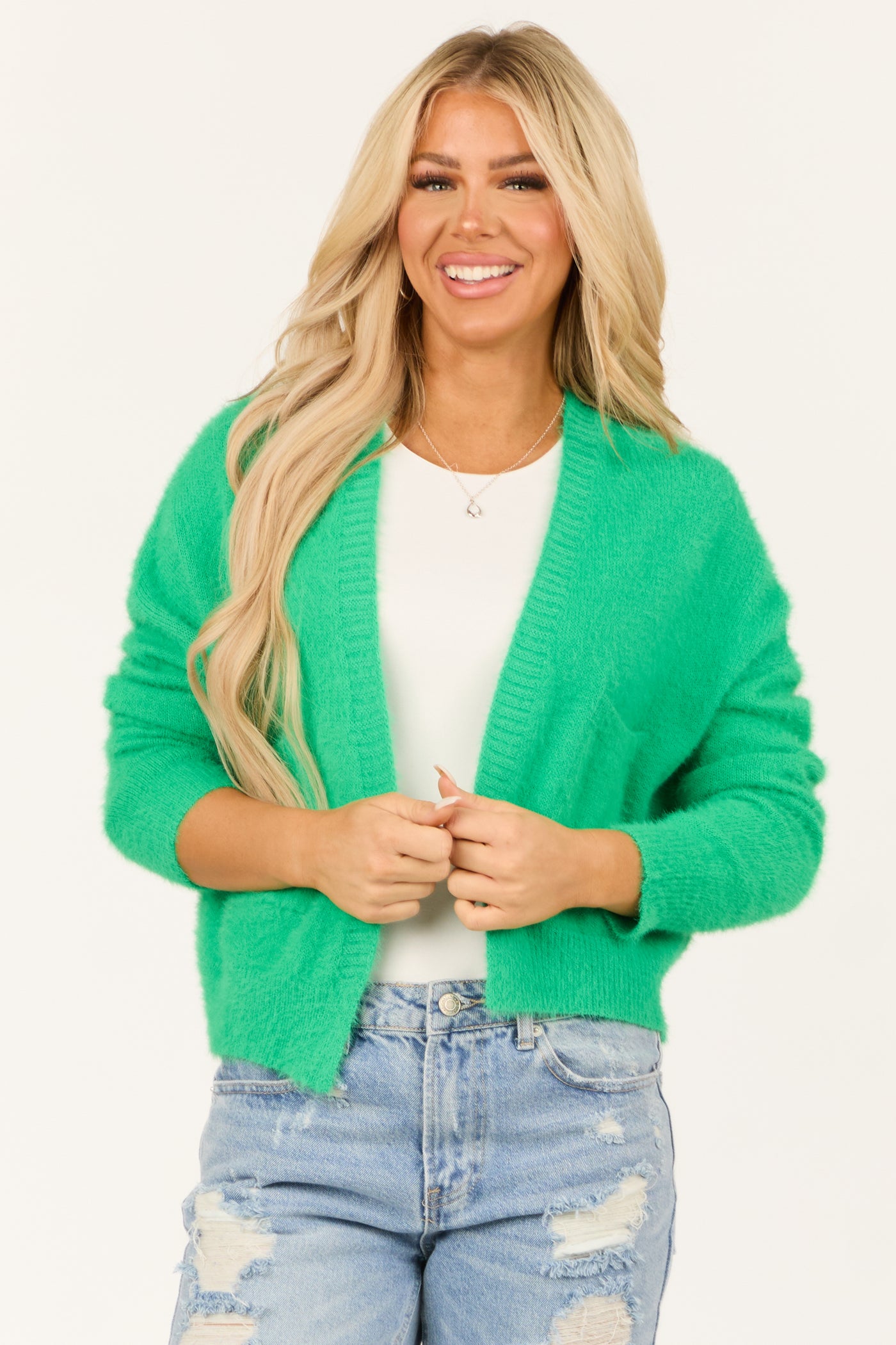 Bright Kelly Green Open Front Fuzzy Knit Cardigan