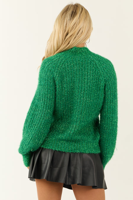 Bright Kelly Green Tinsel Yarn Mock Neck Sweater