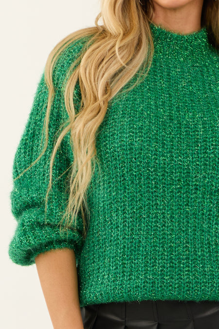 Bright Kelly Green Tinsel Yarn Mock Neck Sweater