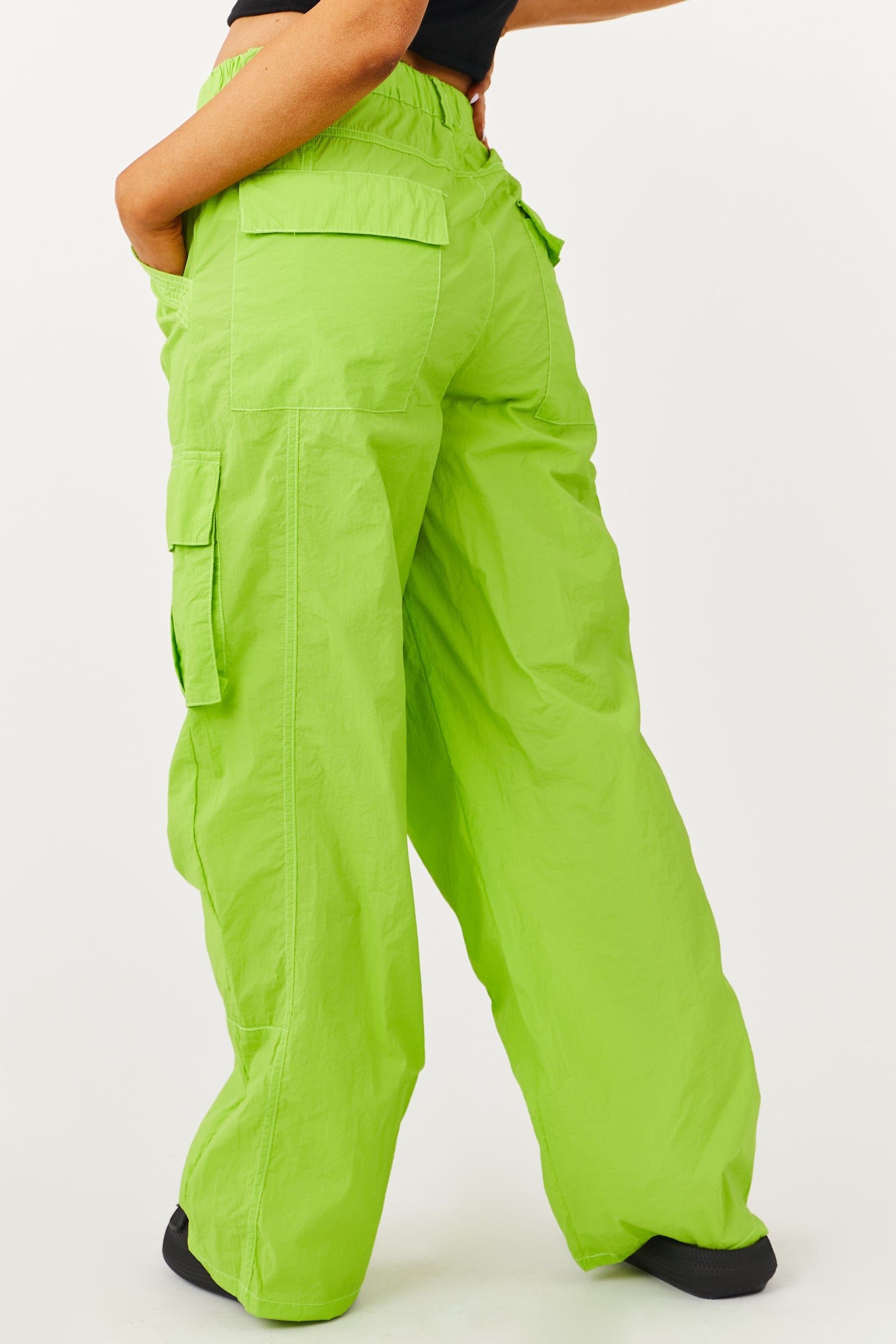 Bright Lime Green Wide Leg Nylon Cargo Pants | Lime Lush