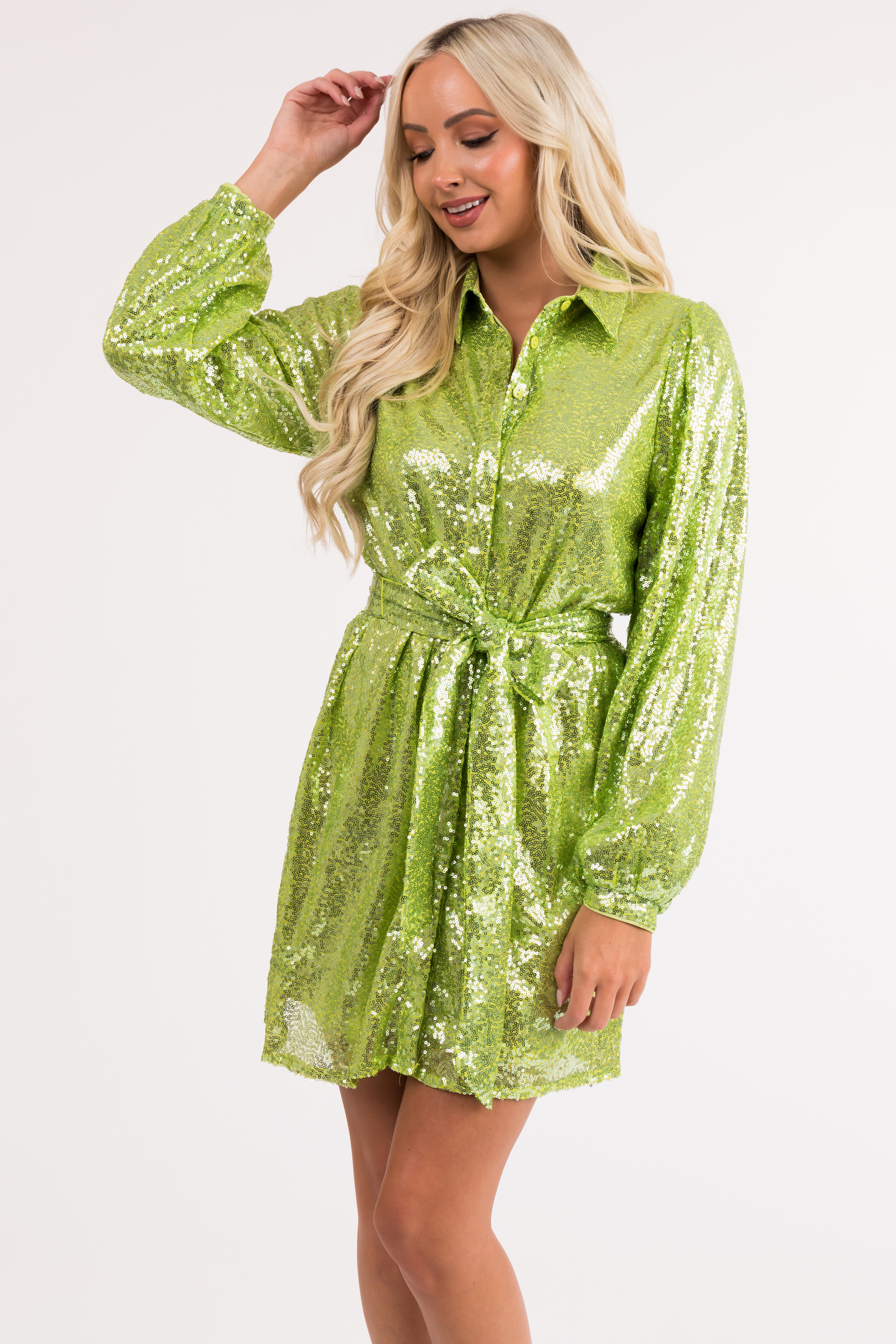 Bright Lime Sequined Button Up Mini Dress