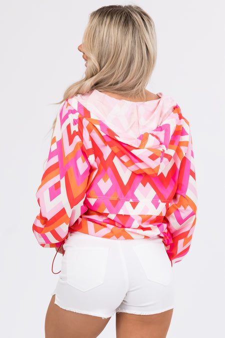 Bright Magenta Geometric Print Windbreaker