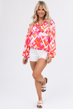 Bright Magenta Geometric Print Windbreaker