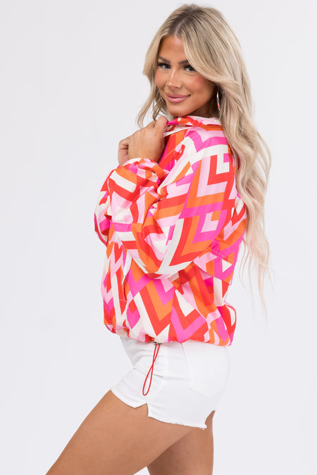 Bright Magenta Geometric Print Windbreaker