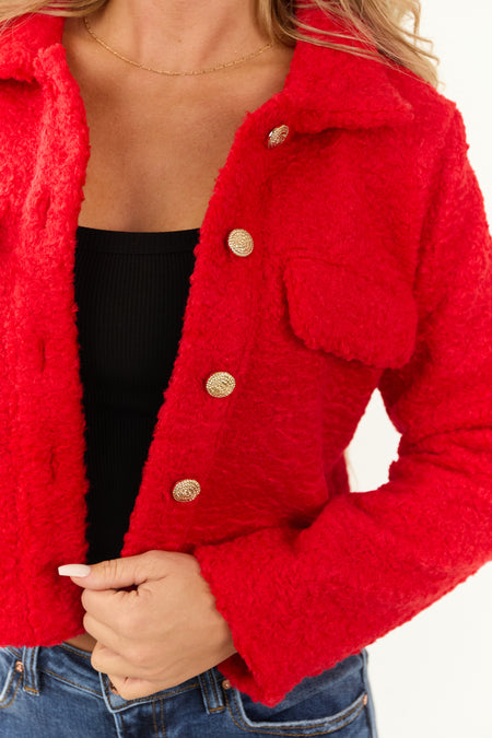 Bright Pomegranate Teddy Fleece Button Down Jacket