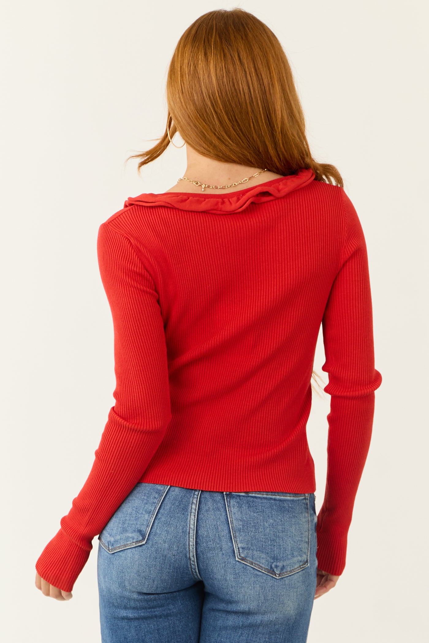 Bright Red Cascade Ruffle Front Tie Ribbed Cardigan