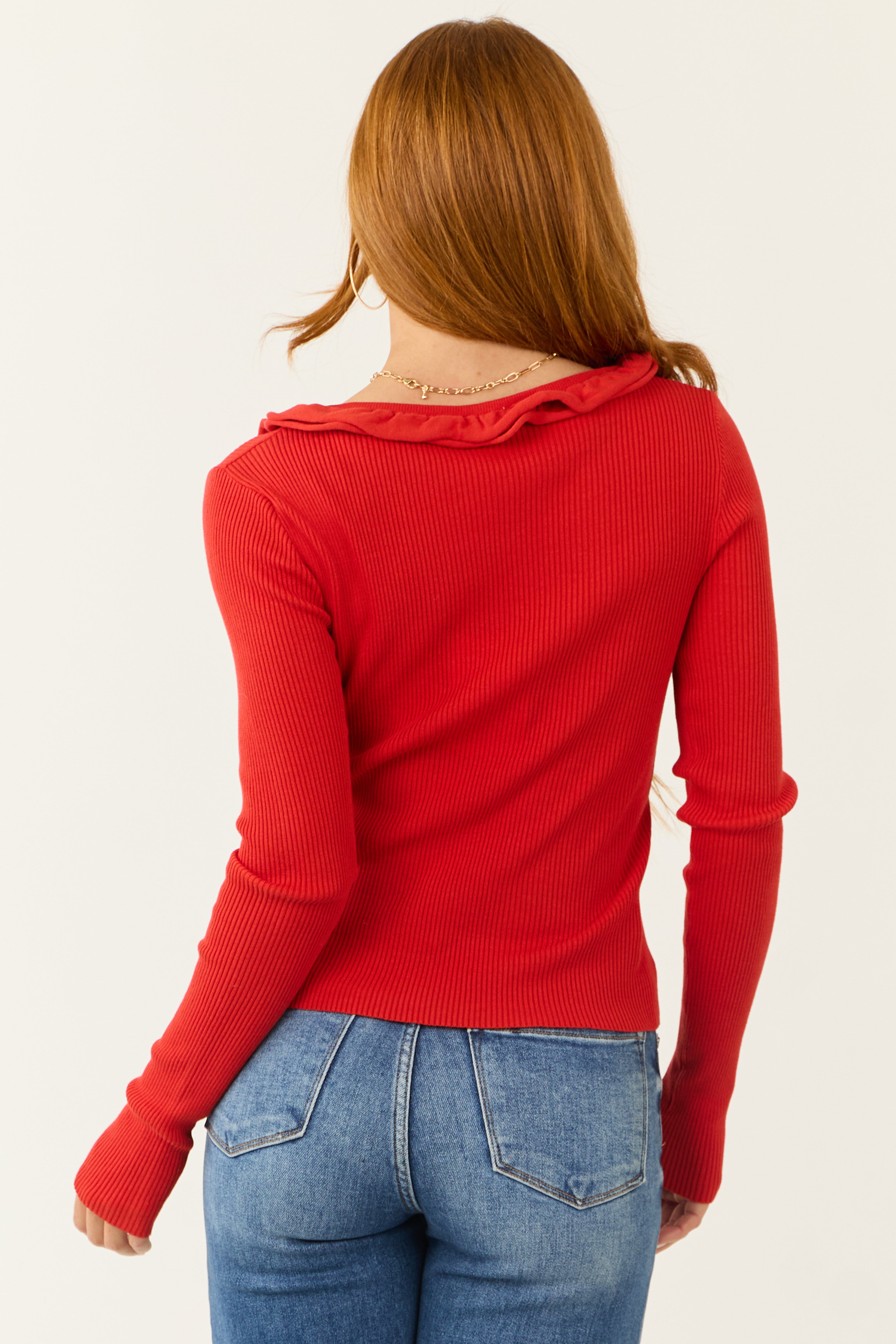 Bright Red Cascade Ruffle Front Tie Ribbed Cardigan