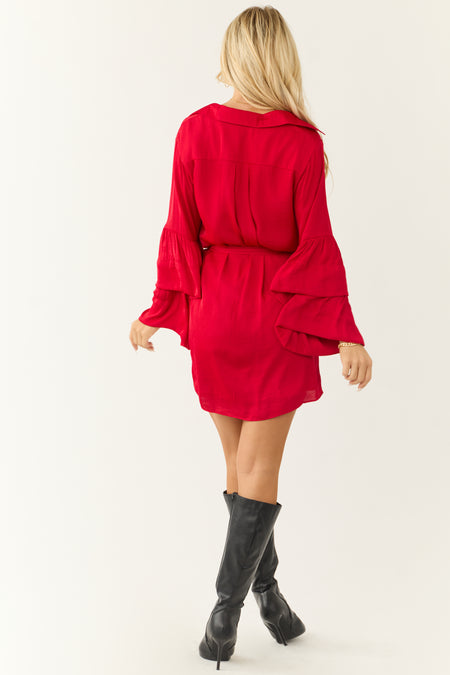 Bright Ruby Tiered Bell Long Sleeve Short Dress