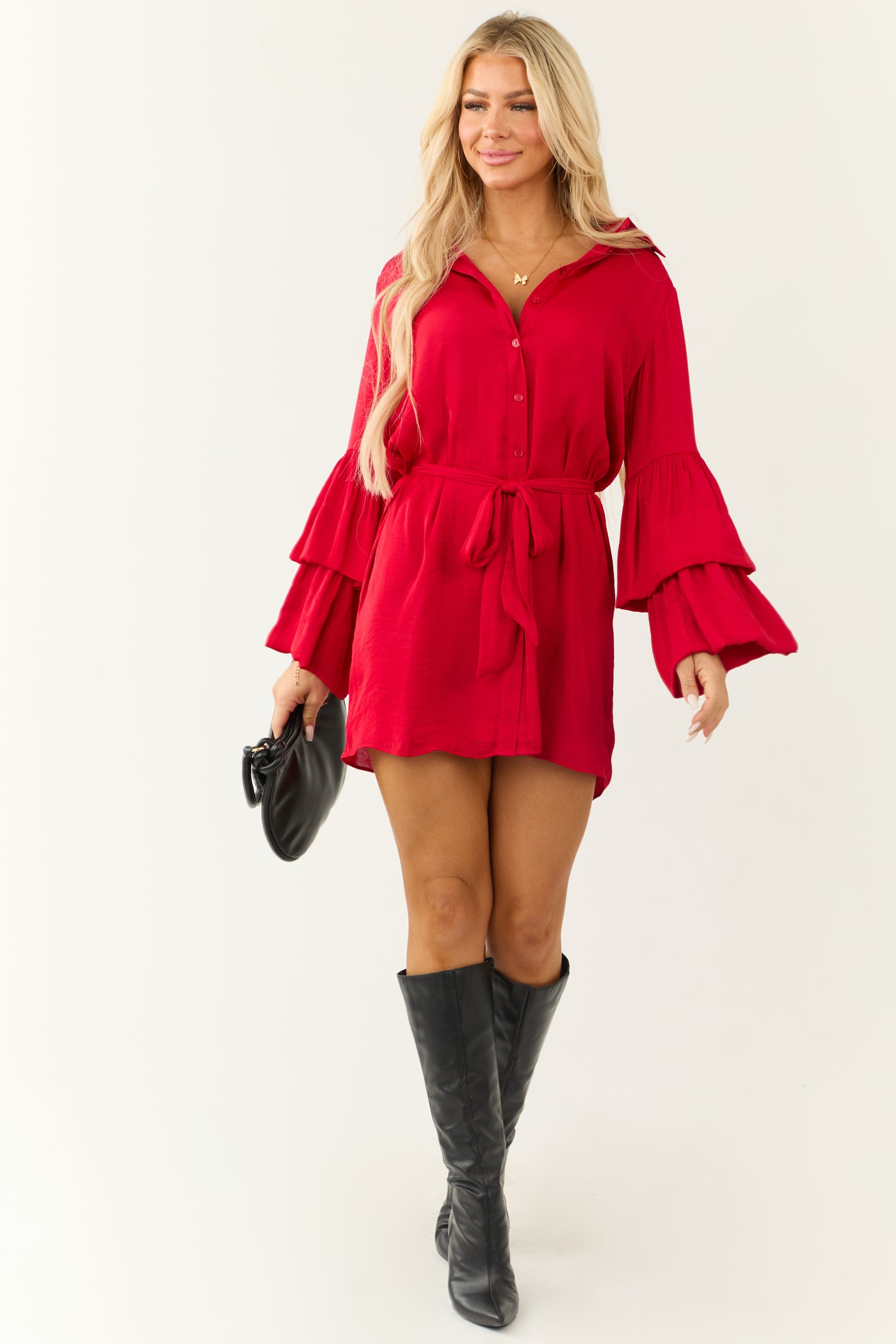 Bright Ruby Tiered Bell Long Sleeve Short Dress