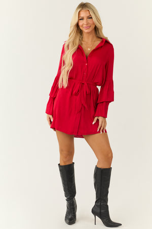 Bright Ruby Tiered Bell Long Sleeve Short Dress