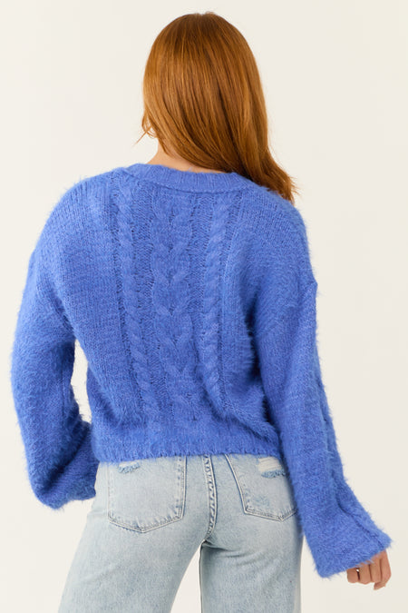 Bright Sapphire Fuzzy Knit Button Up Cardigan